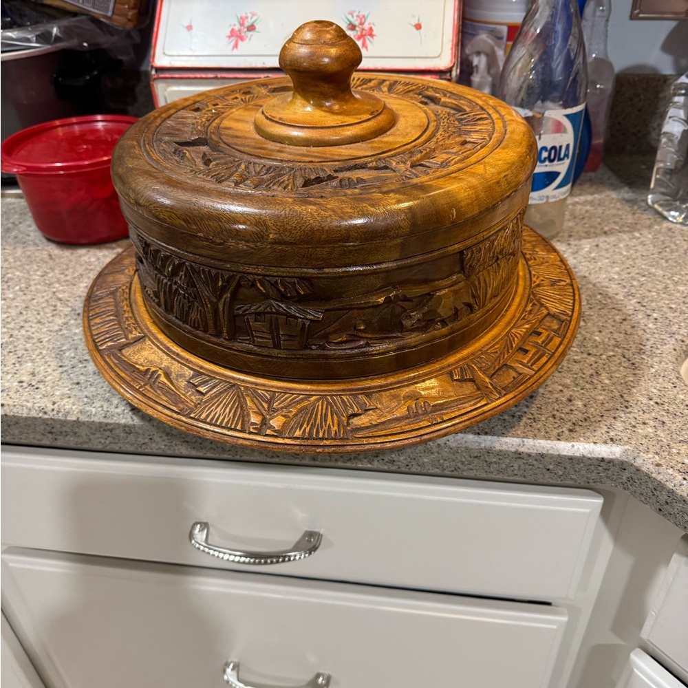 Vintage All Wooden Carved Lazy Susan Cake Stand monkey pod wood